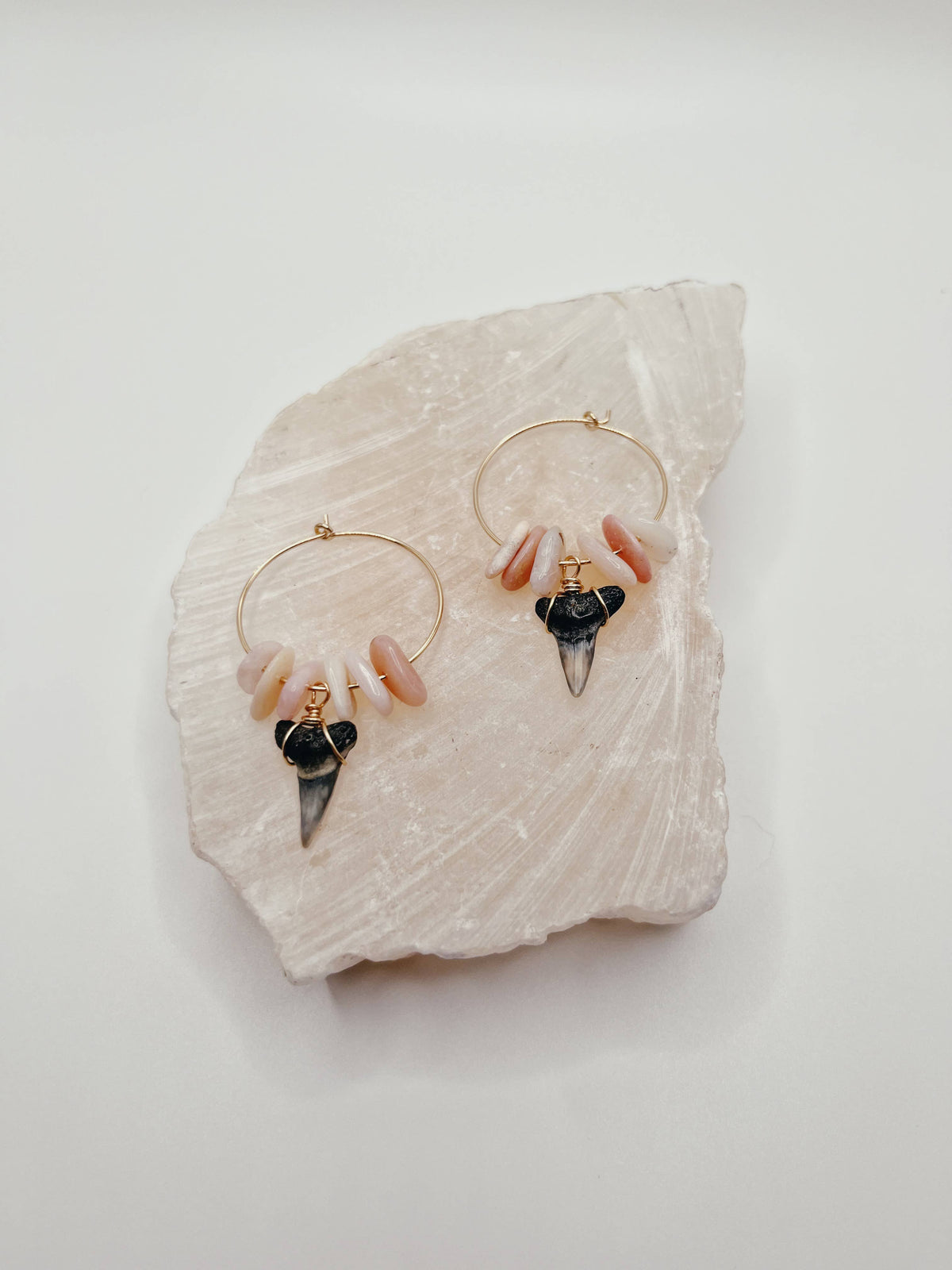 Dainty Shark Tooth Hoop Earrings With Gemstone Chips: Green Malachite / Sterling Silver