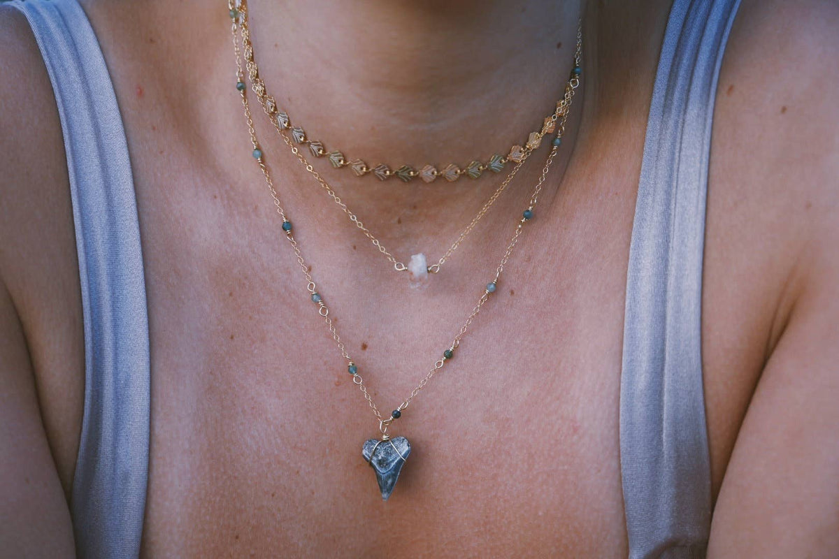 Dainty Coastal Shark Tooth Necklace With Gemstone Chain: Mulberry Pearl