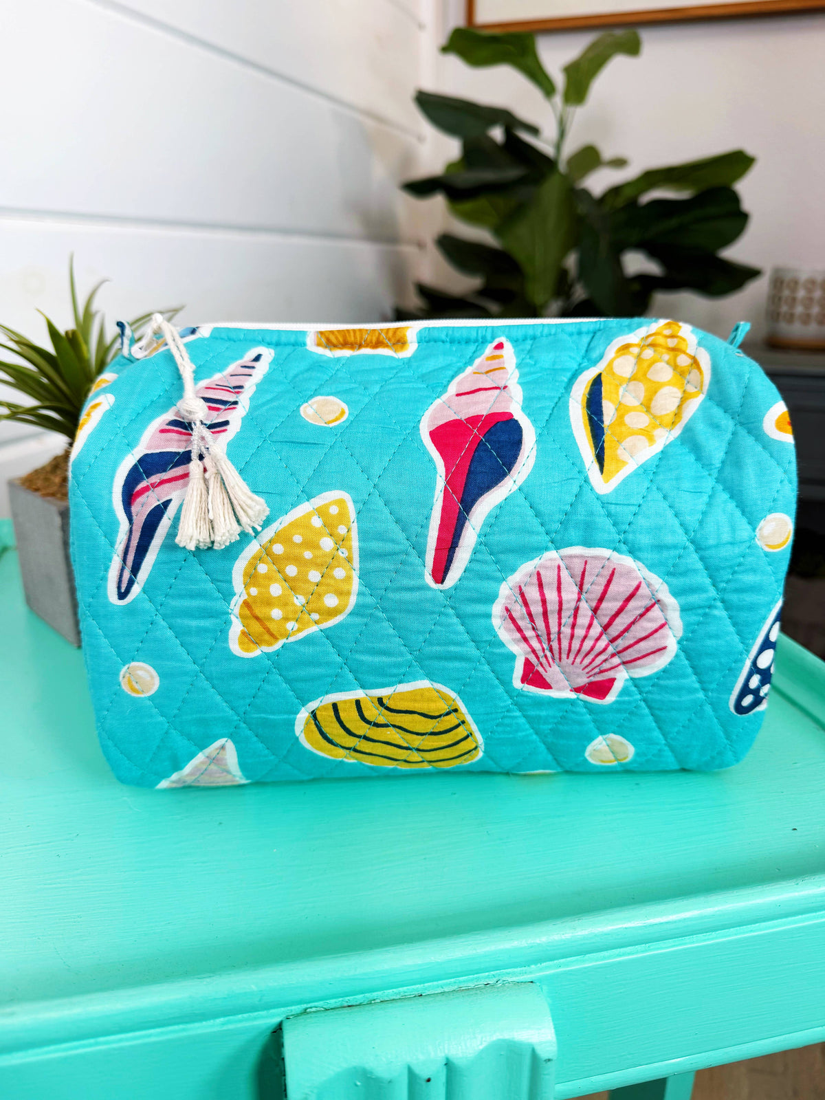 Quilted Makeup Bag | Cosmetics Toiletry Bag | Aqua Seashell