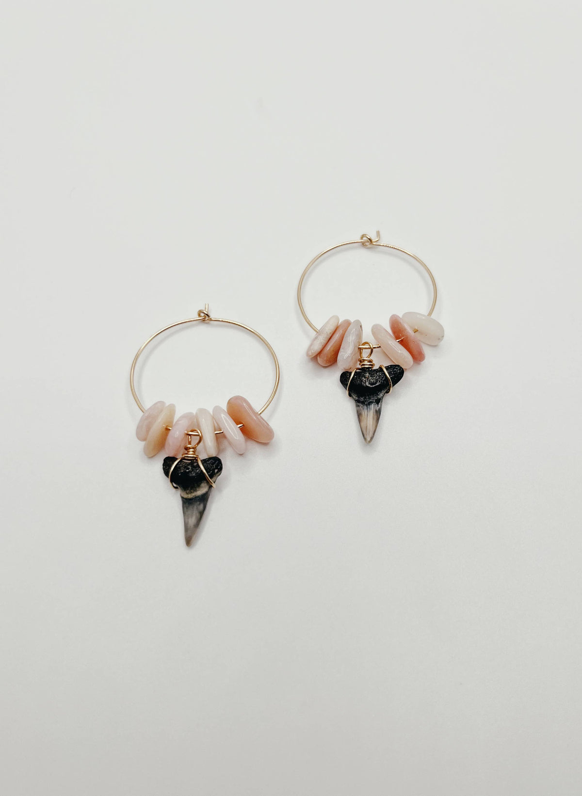 Dainty Shark Tooth Hoop Earrings With Gemston: Pink Opal / Gold-Filled