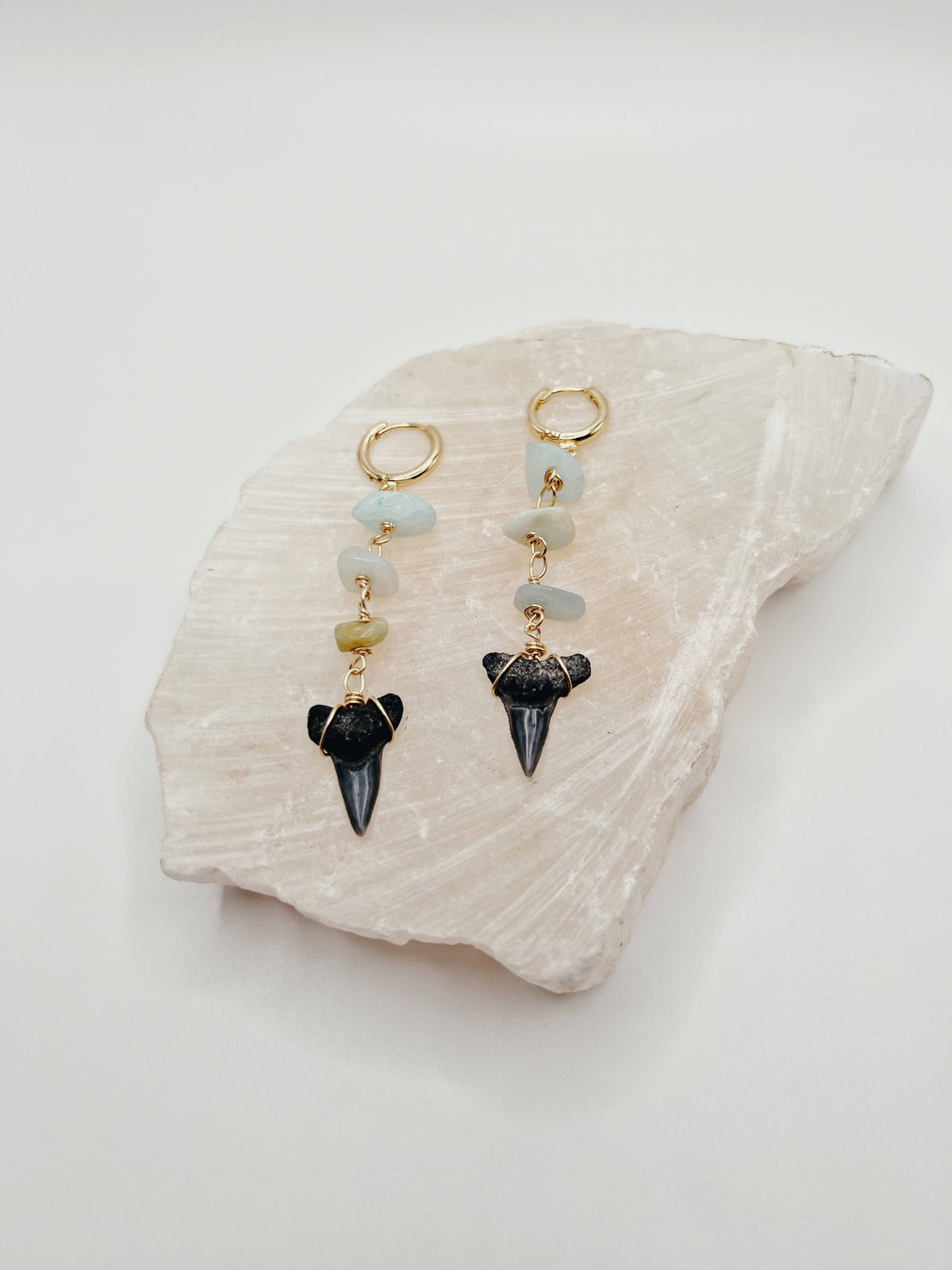 Dainty Shark Tooth Hoop Earrings With Green Gemstone Chip: Malachite / Gold-Filled