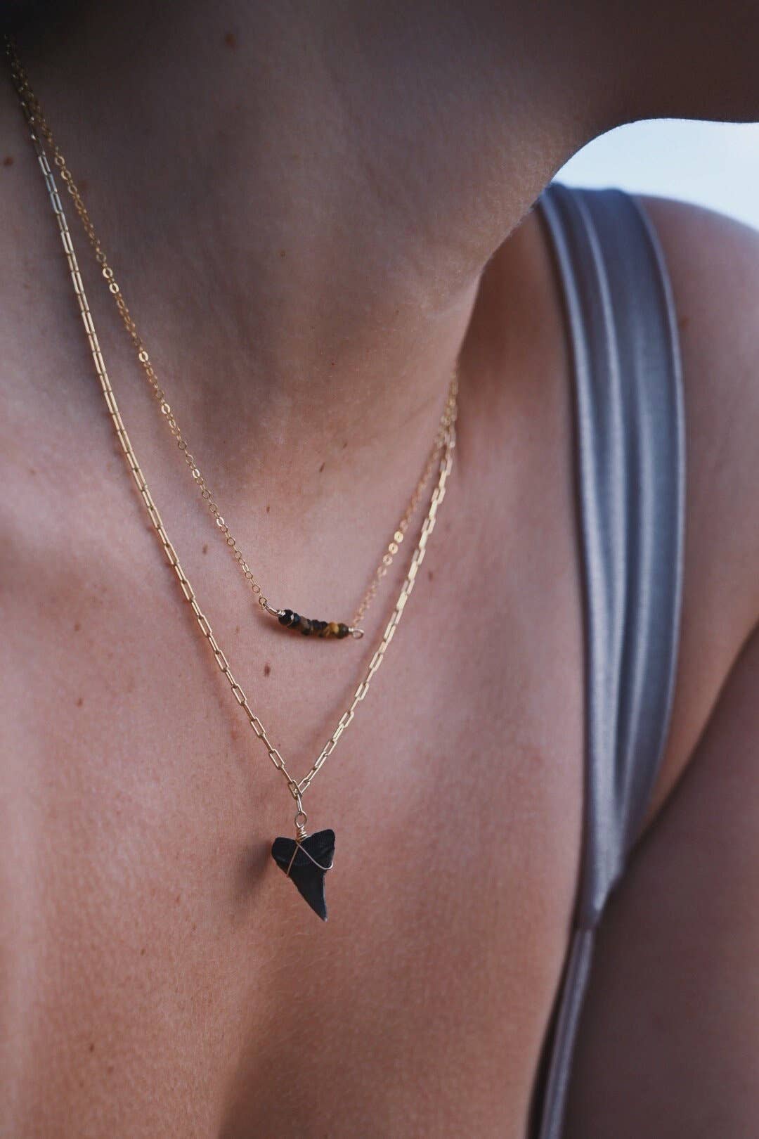 18k Gold Filled Mini Paper Clip Chain Shark Tooth Necklace: Moonstone