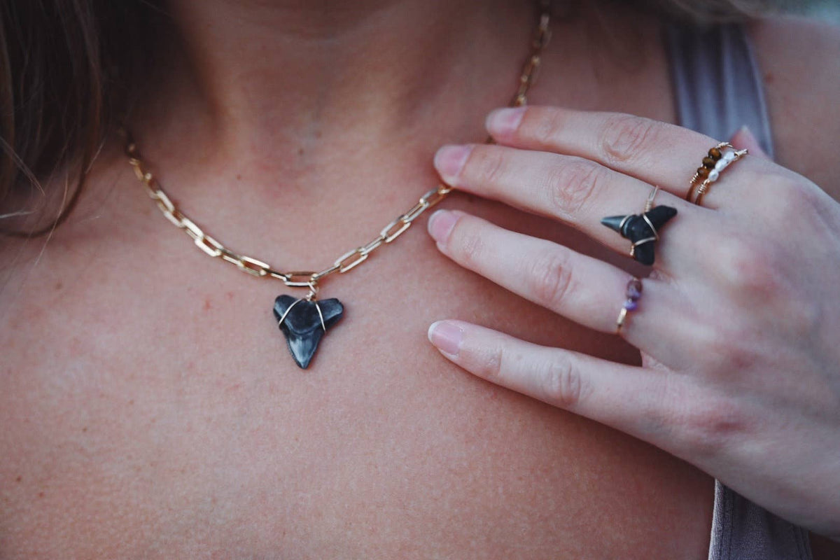 18k Gold Filled Paperclip Chain Shark Tooth Necklace: Moonstone