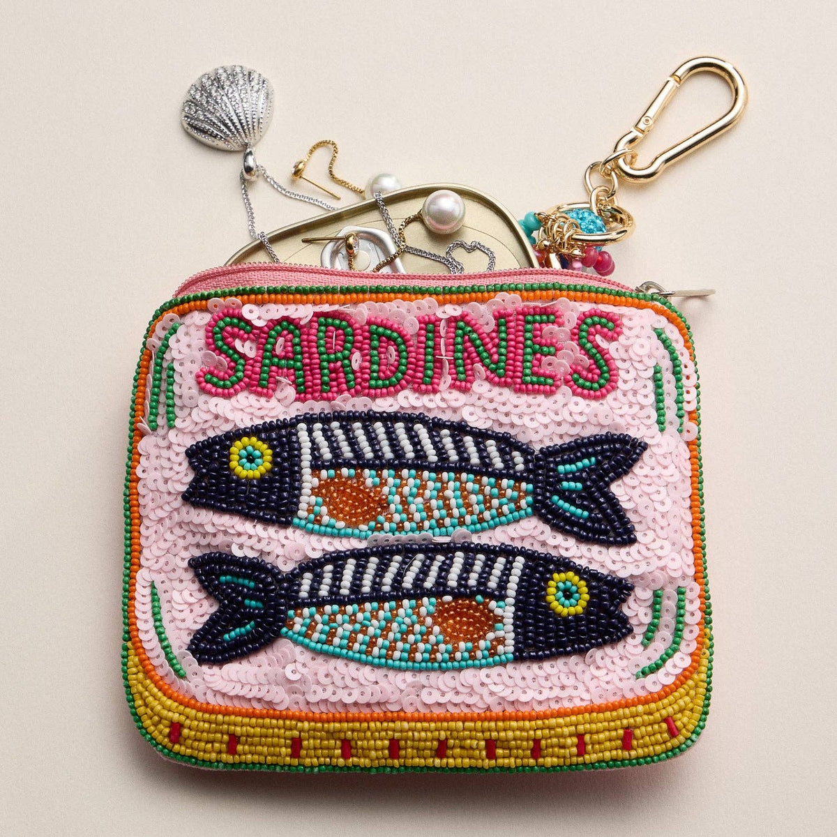 Beaded Sardine Clutch – Pink Hand-Embroidered Sequin Zip Pouch