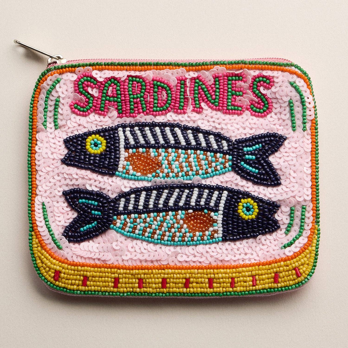 Beaded Sardine Clutch – Pink Hand-Embroidered Sequin Zip Pouch