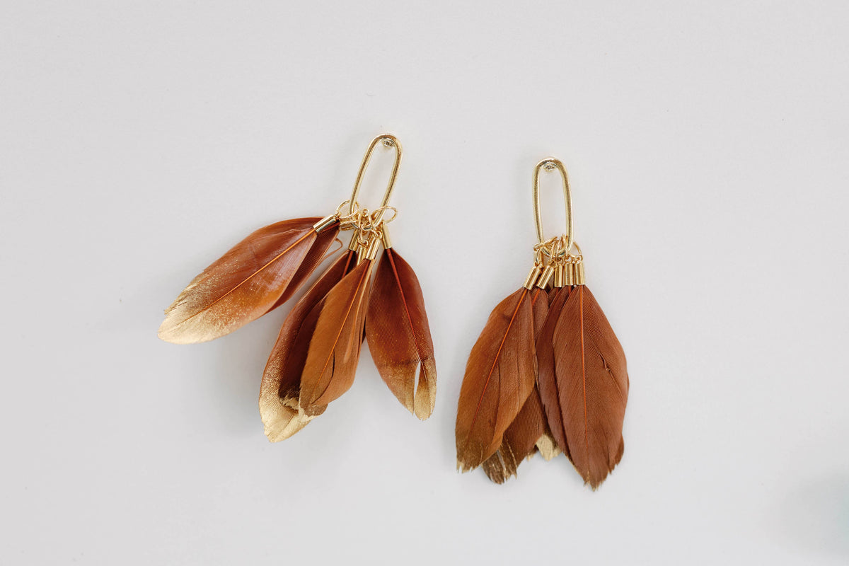 Caramel Gold Dipped Feathers Earrings