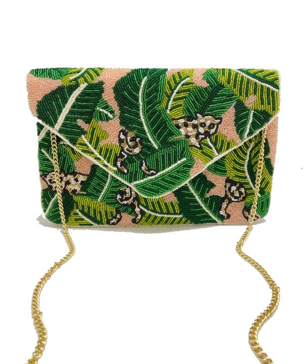 CHEETAH LEAF BLUSH BEADED CLUTCH