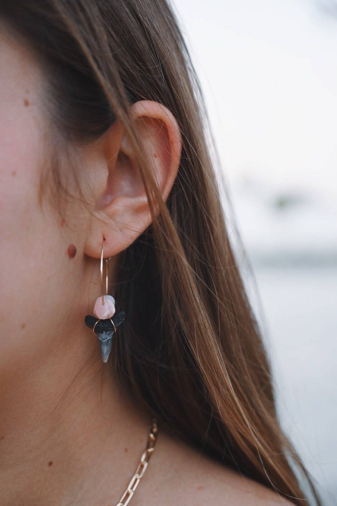 Dainty Shark Tooth Hoop Earrings With Gemstone Chips: Green Malachite / Sterling Silver
