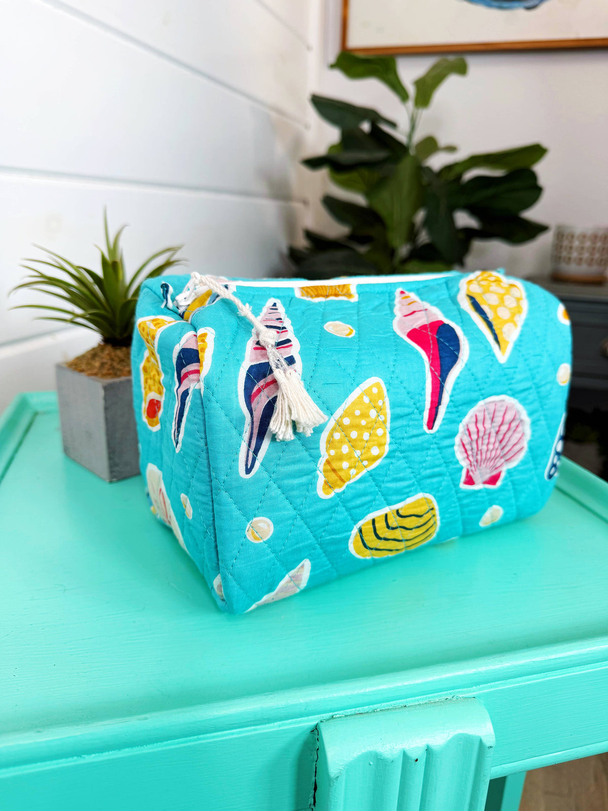 Quilted Makeup Bag | Cosmetics Toiletry Bag | Aqua Seashell