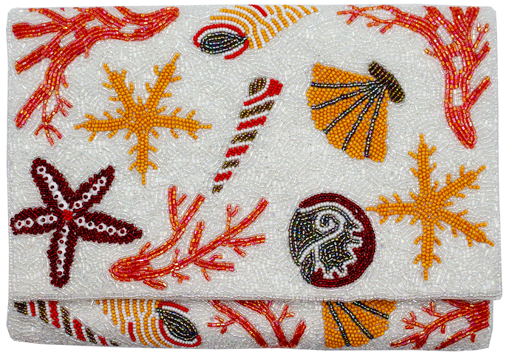 CORAL AND SEASHELL DOUBLE SIDED BEADED CLUTCH