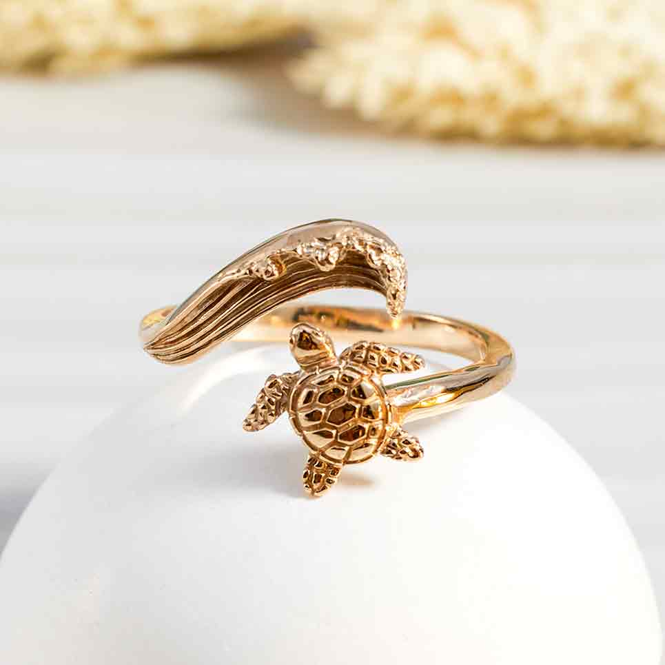 Bronze Sea Turtle & Wave Adjustable Ring