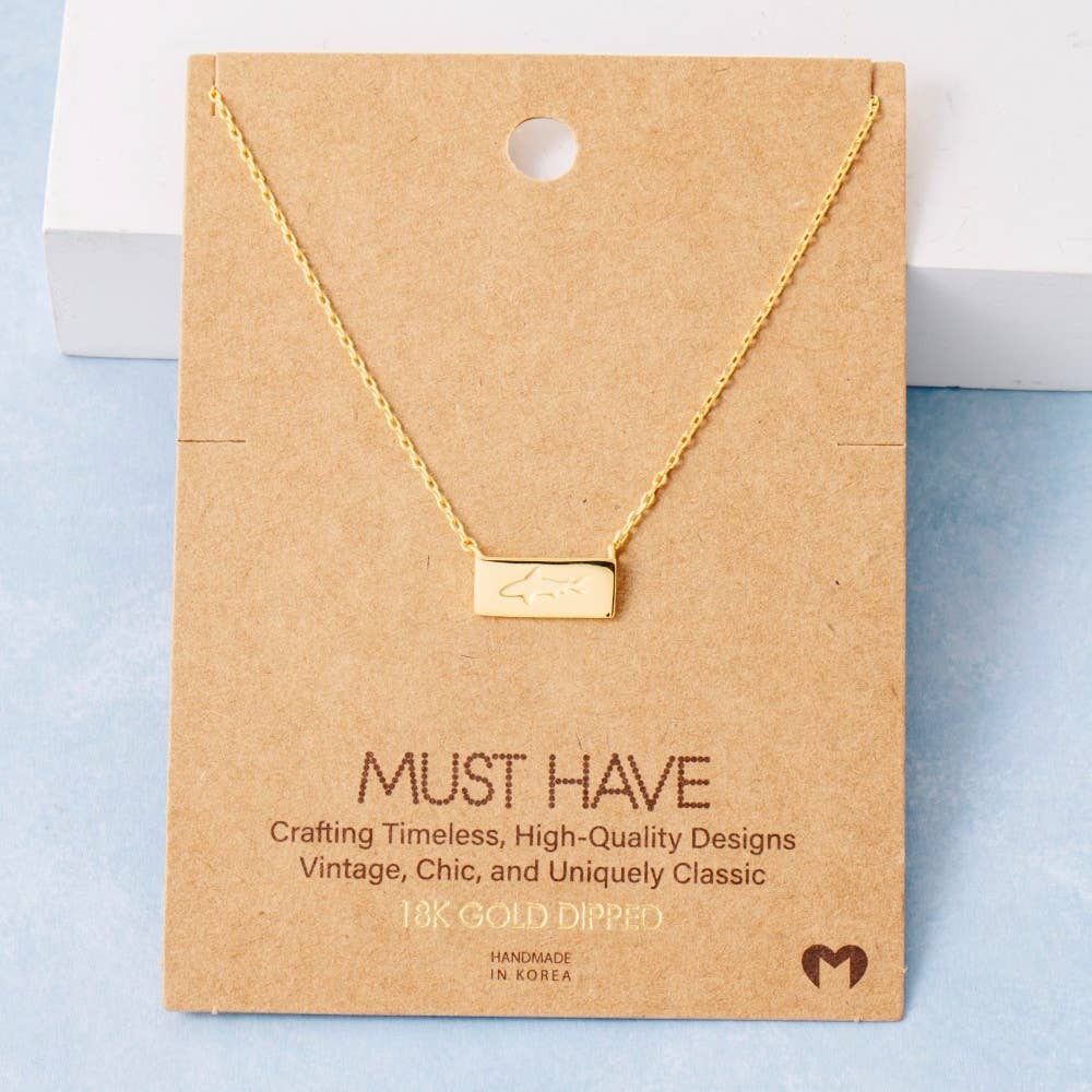 Rectangle Bar Shark Pendant Necklace: Gold