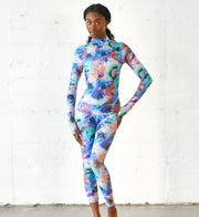 Sun-protective Full Body Long Swimsuit - Neon Blue Poppy